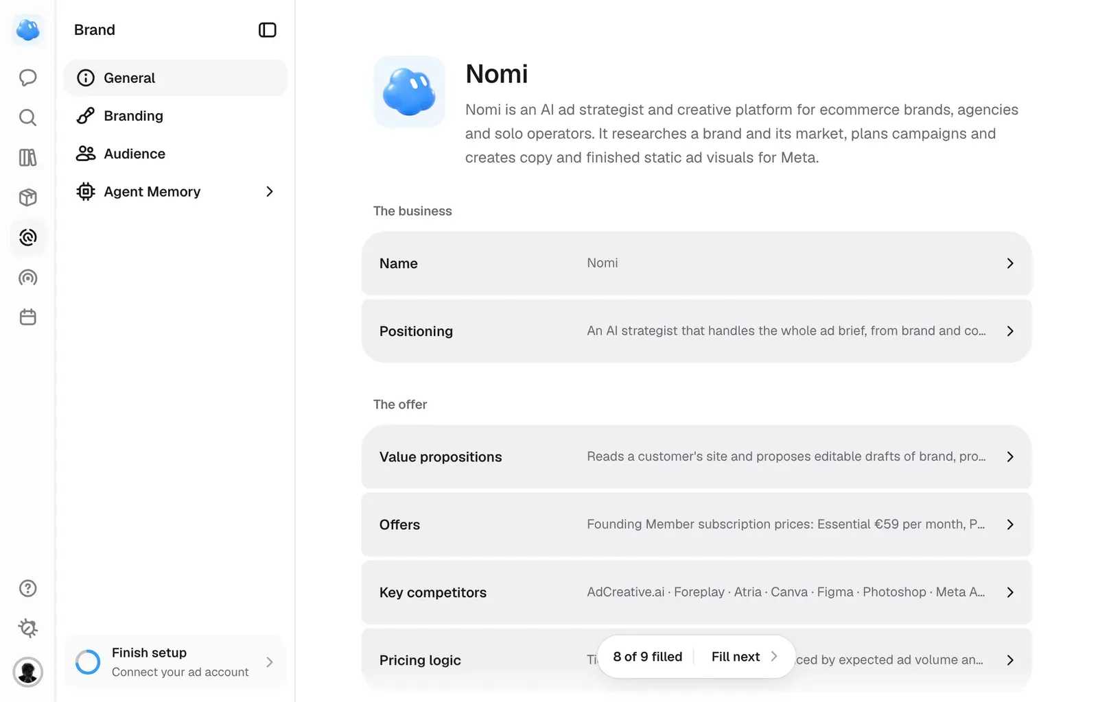 The Brand page with Nomi as the brand: name, positioning and the offer