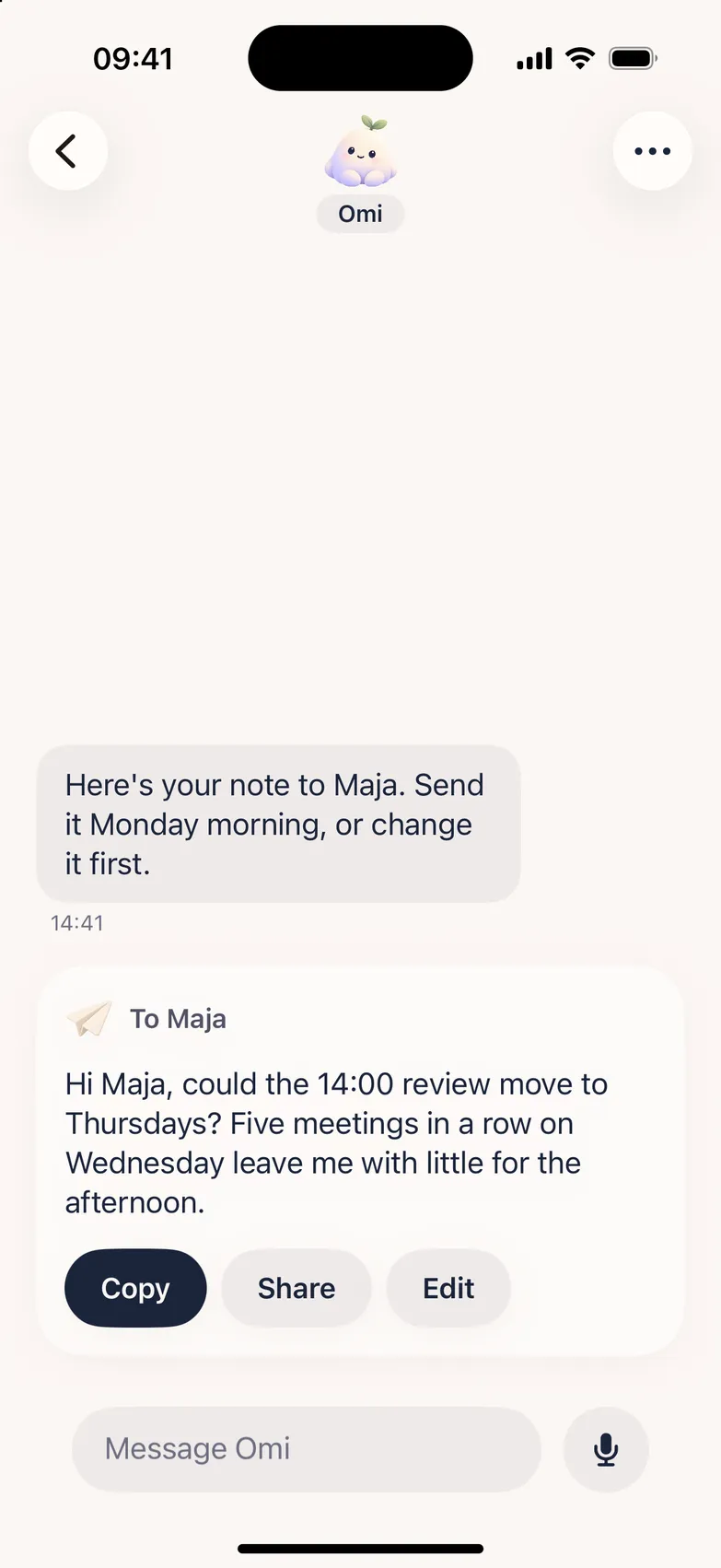A draft note to Maja with Copy, Share and Edit