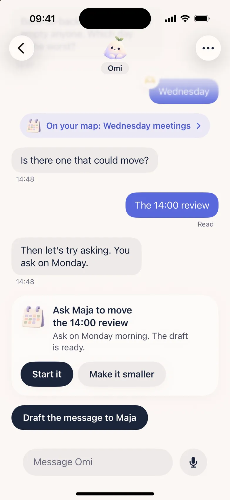 A change card in the talk: ask Maja to move the 14:00 review