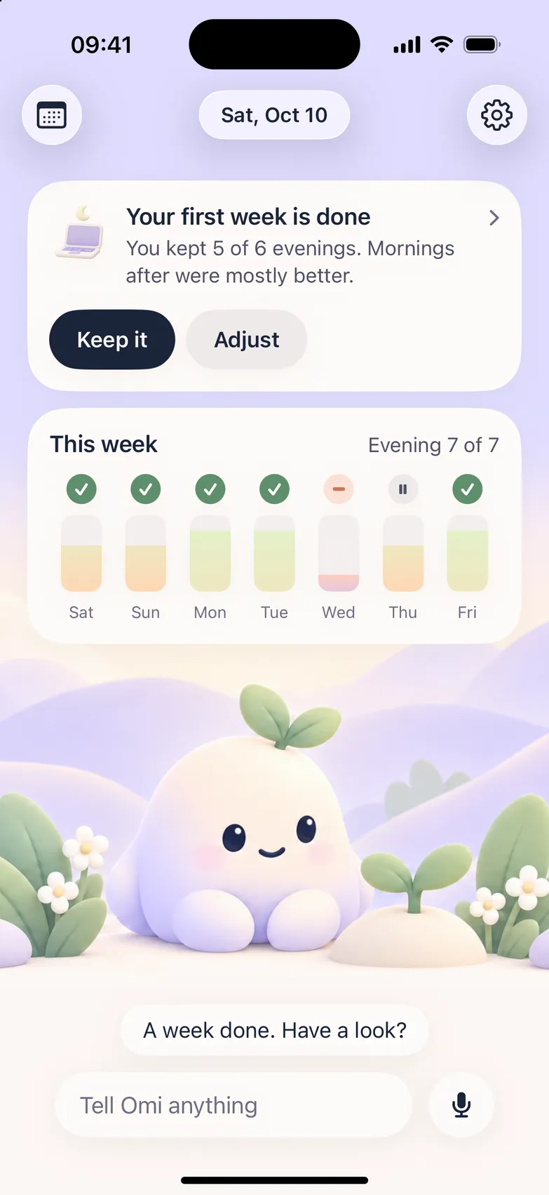 Your first week is done, with Keep it and Adjust
