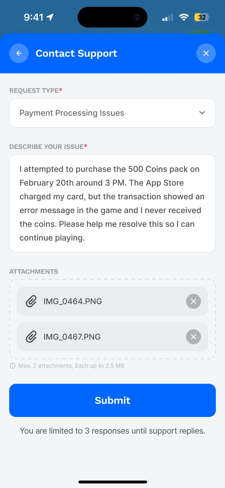 Contact form with two screenshots attached