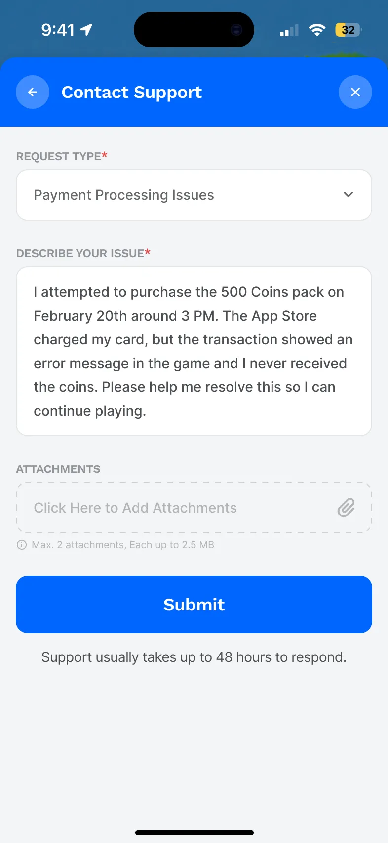 Contact form filled in with a payment issue