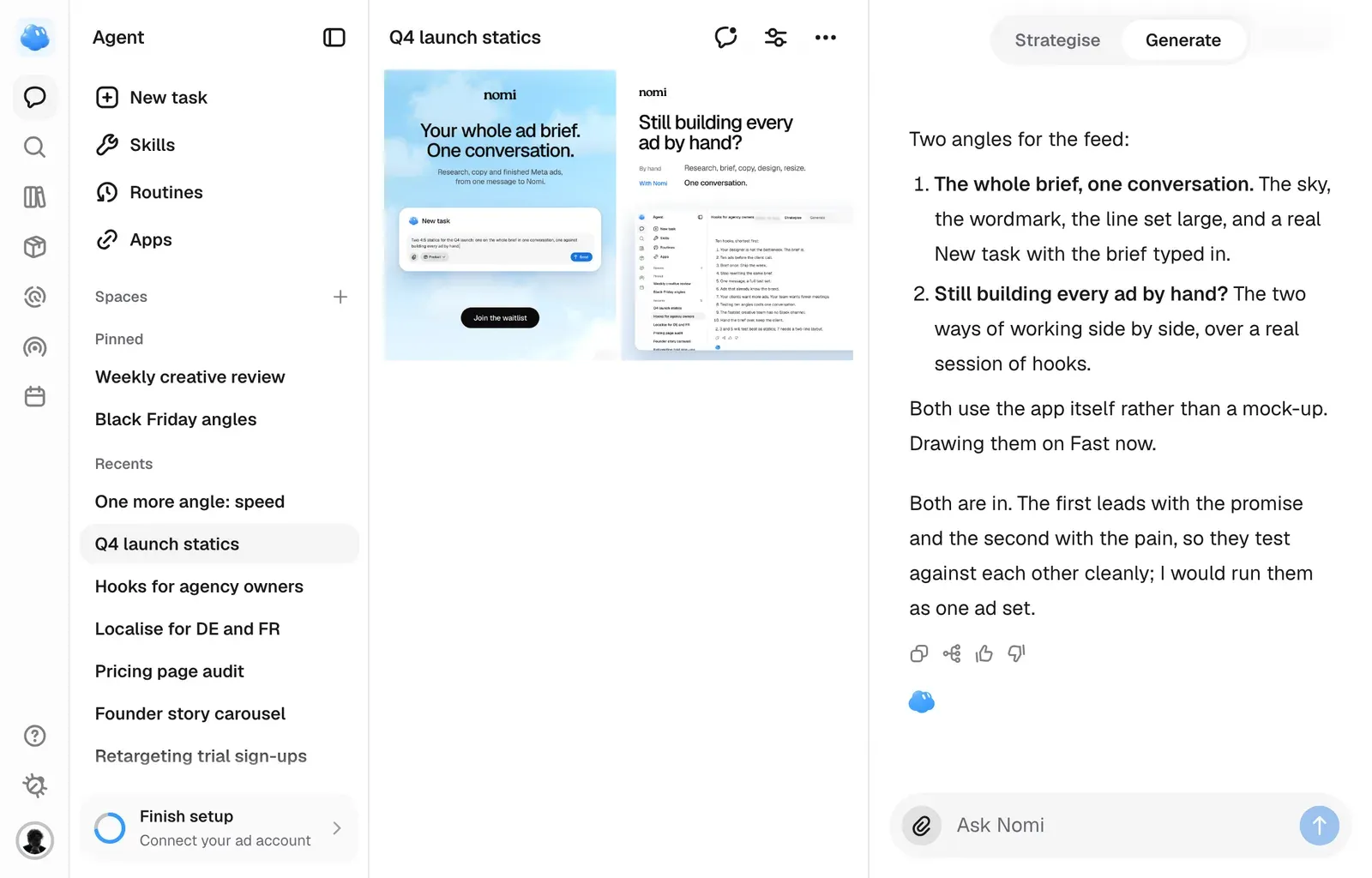 Generate: two finished ads in the grid beside the conversation