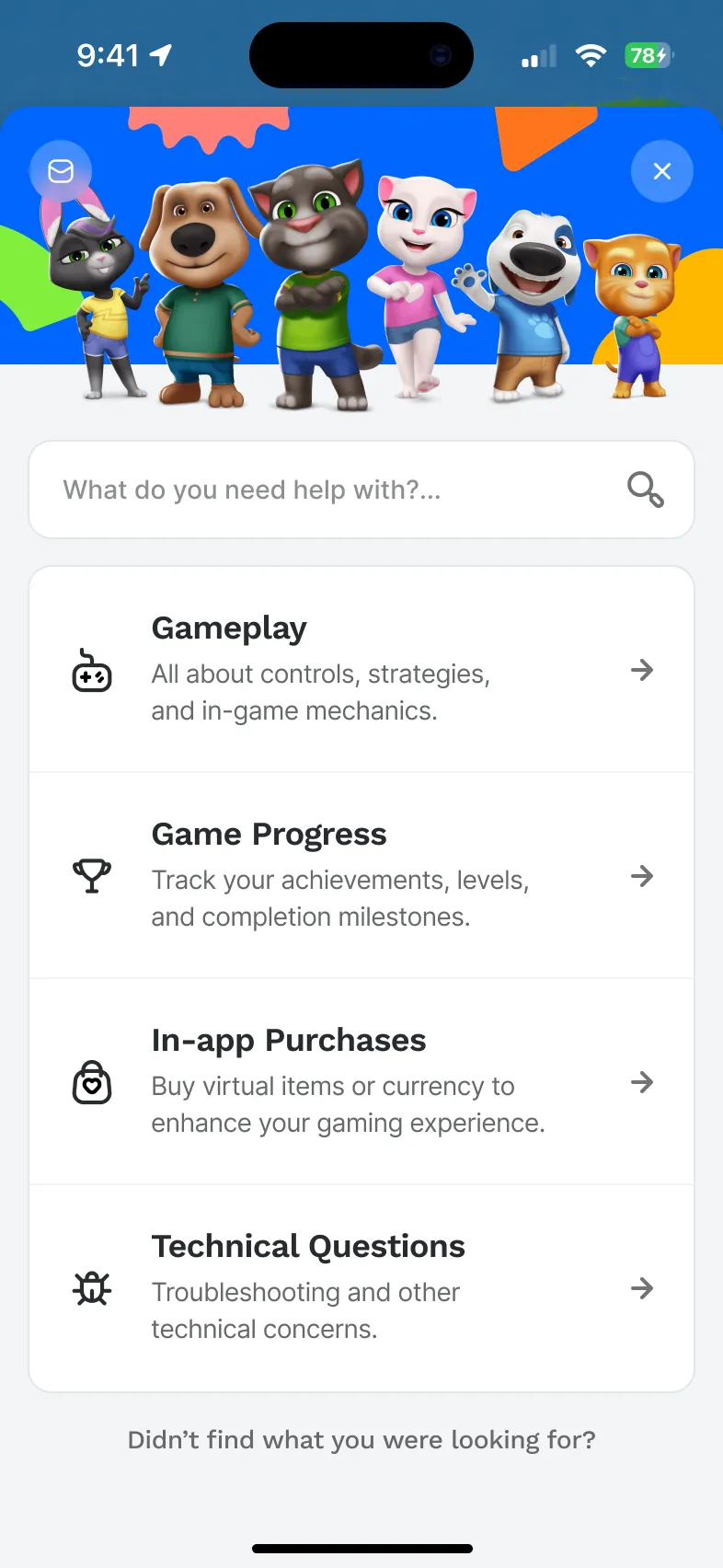 New support home: characters, search and four help cards