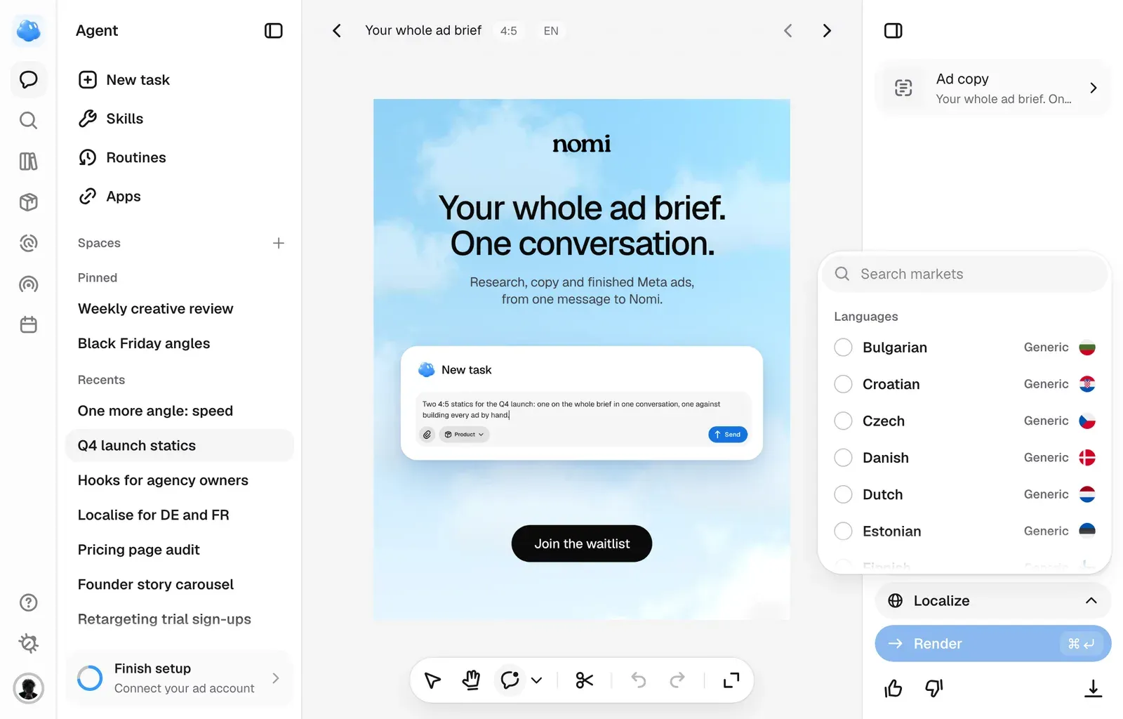 Localize open in the rail, listing markets and then languages