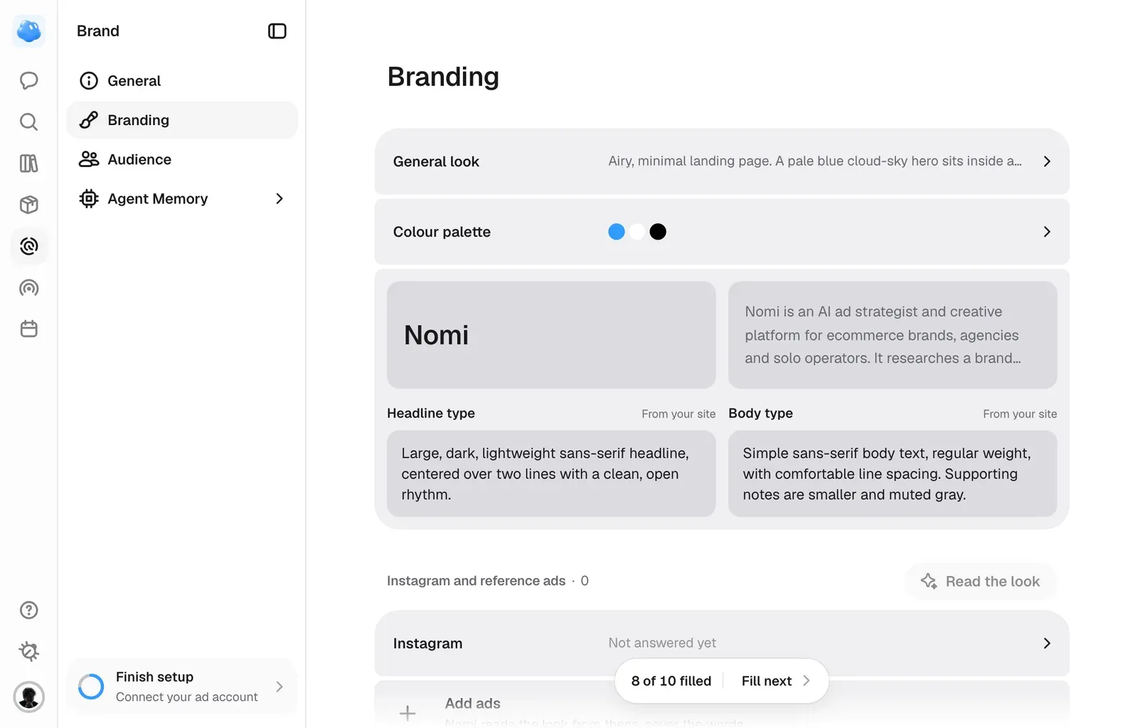 The Branding tab with the palette, the type and the Instagram read