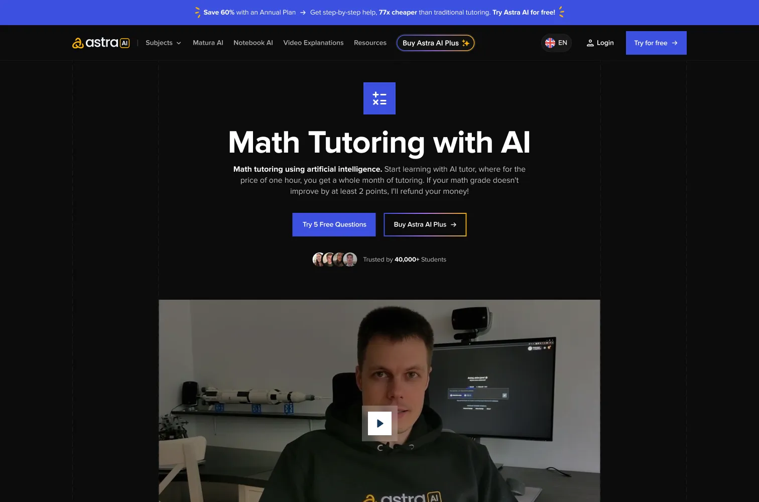 Maths tutoring page with the tutor video