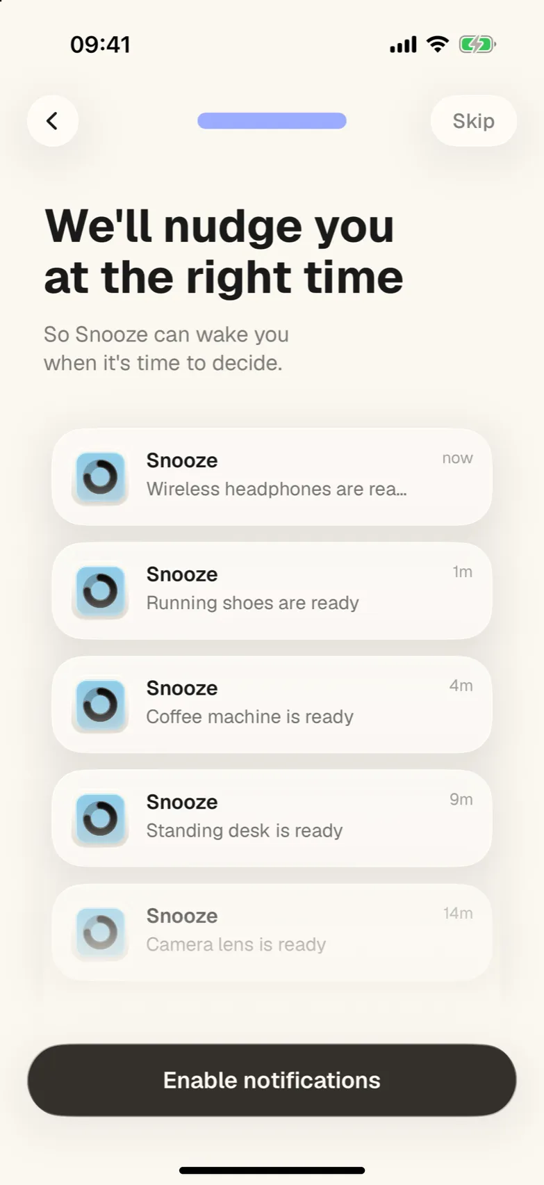 Onboarding screen about notifications when an item is ready