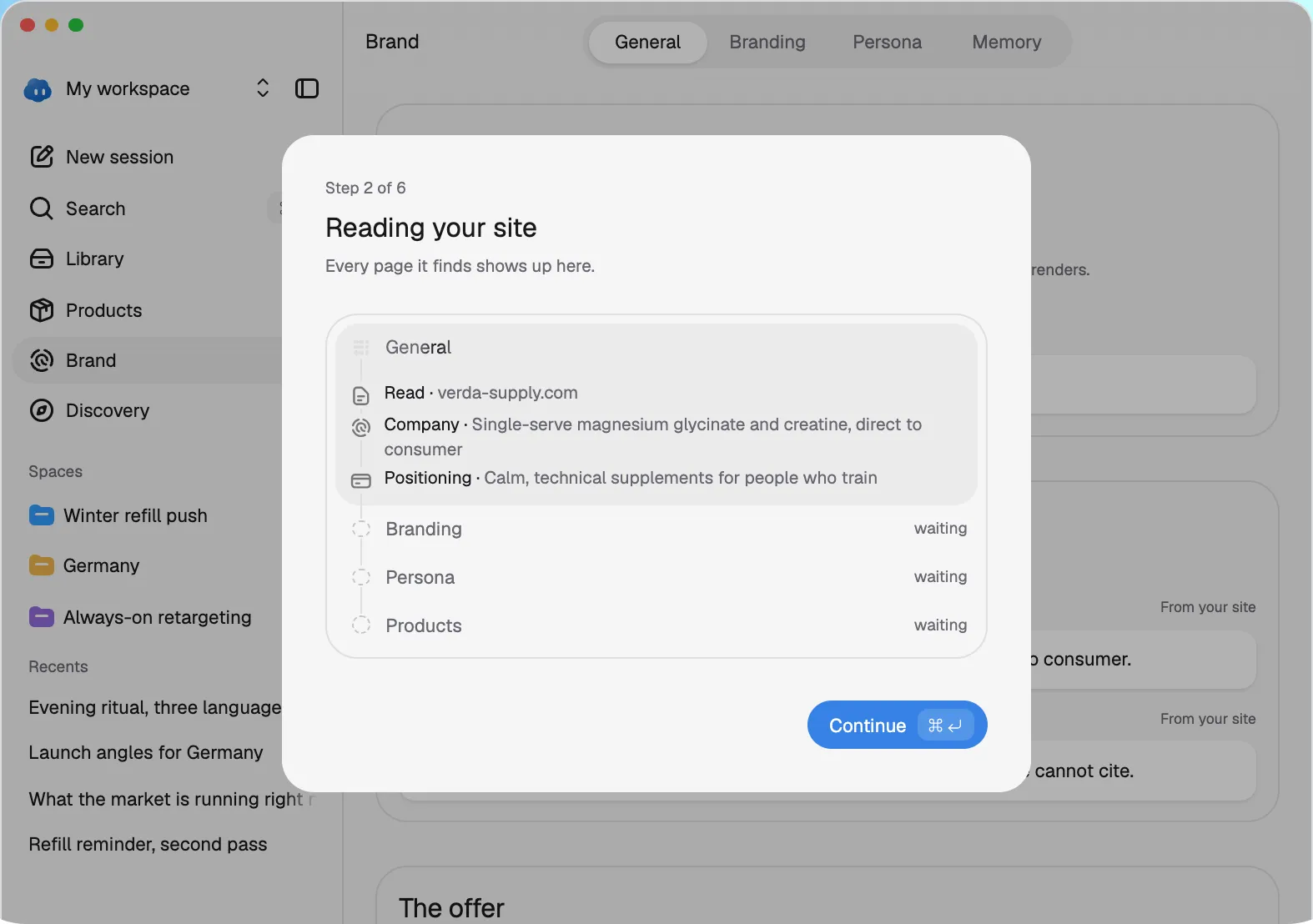 Nomi onboarding reading a store's site, step two of six