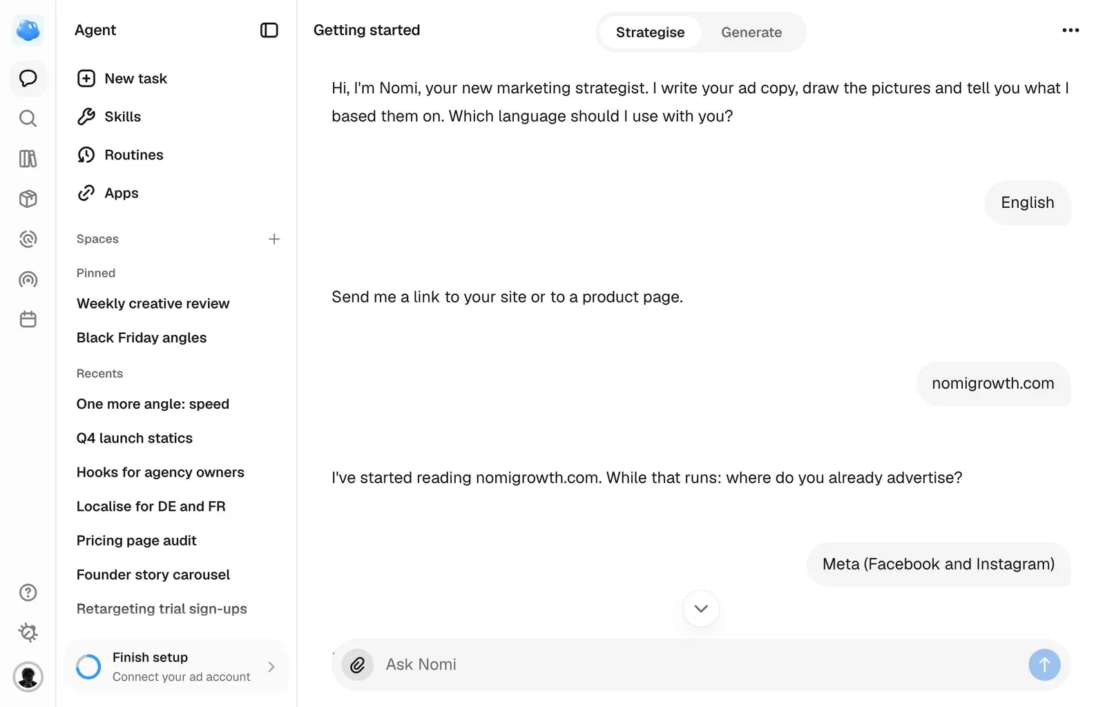 Nomi's first session asking for your site and starting to read it