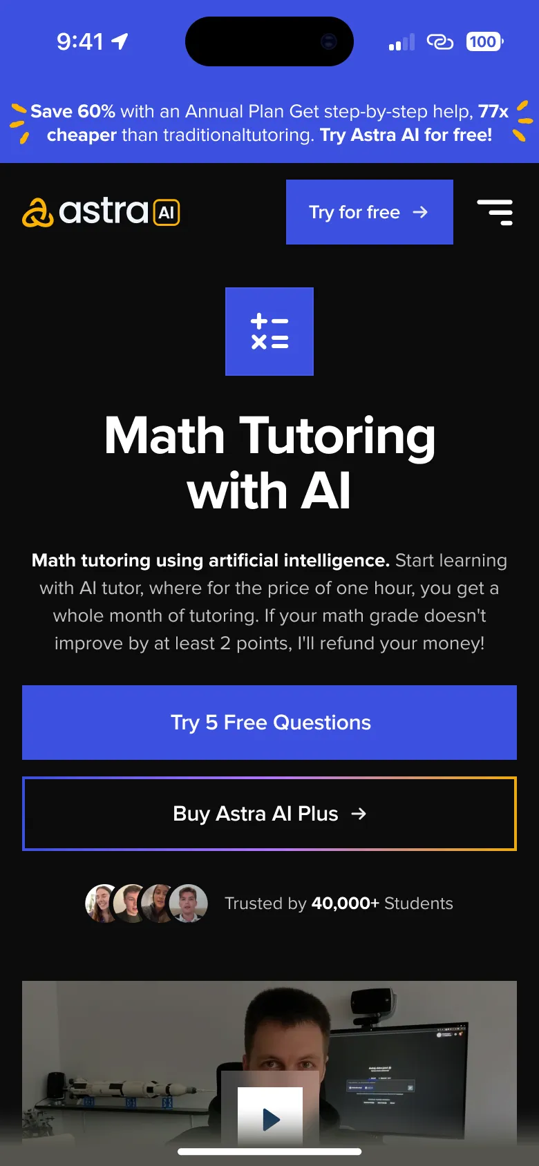 Maths tutoring page on mobile