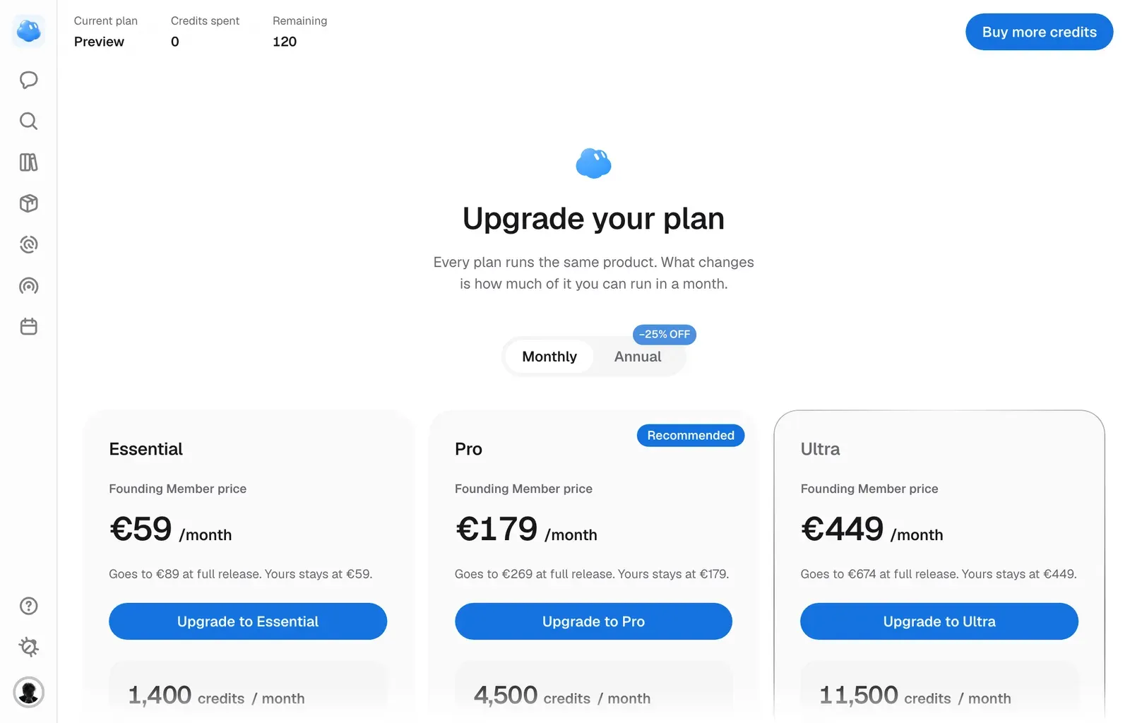 The plans page: Essential, Pro and Ultra with their prices and credits
