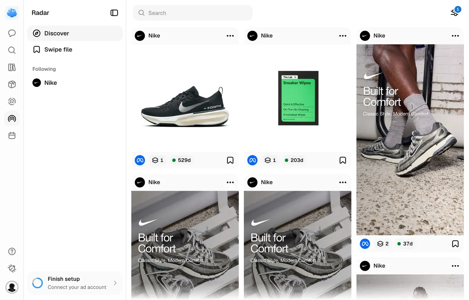 Radar: a grid of other brands' live ads
