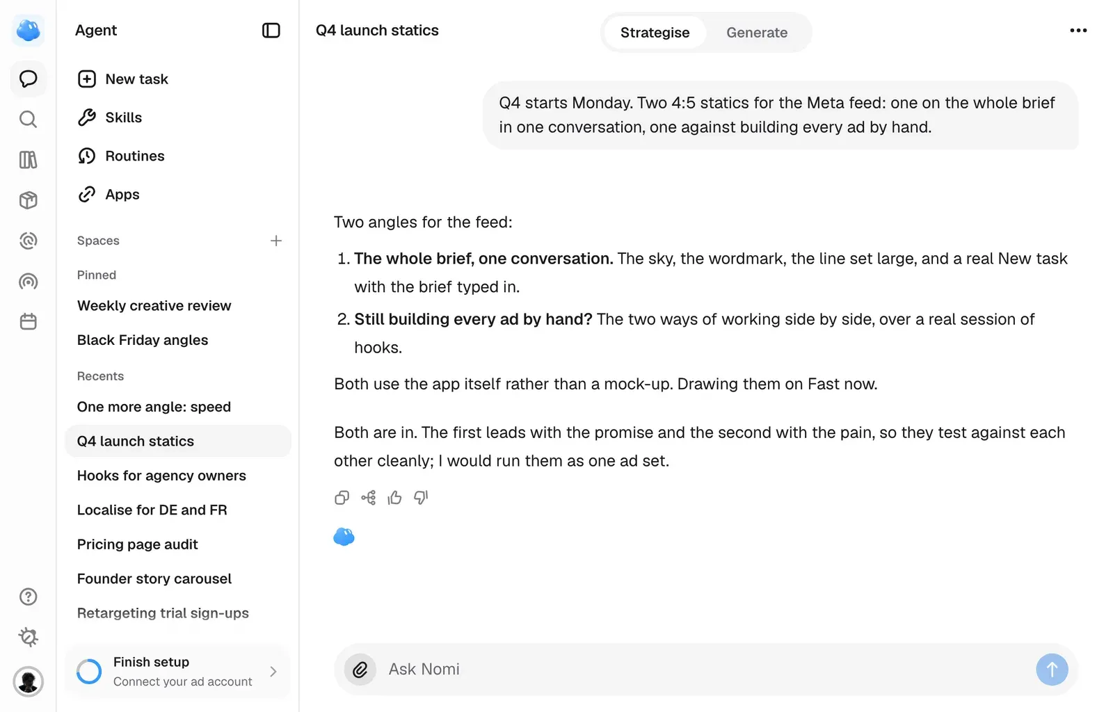 A Nomi session planning two launch ads for the Meta feed