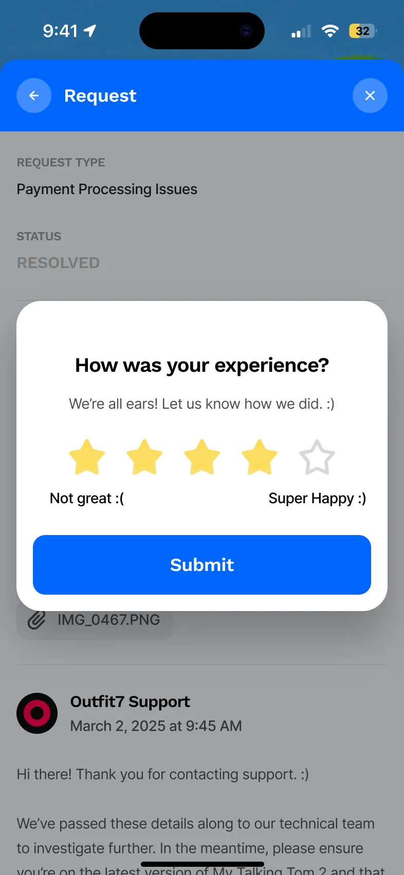 Resolved ticket asking for a star rating