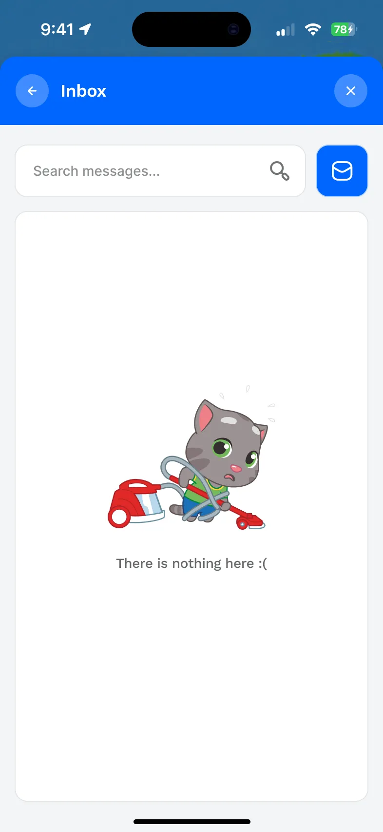 Empty inbox with Tom and a short message