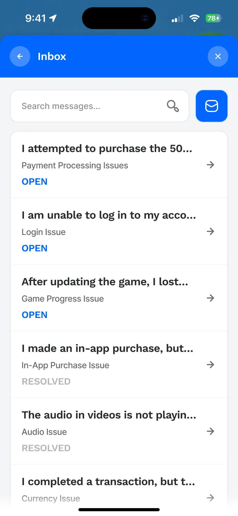 Ticket inbox with open and resolved requests