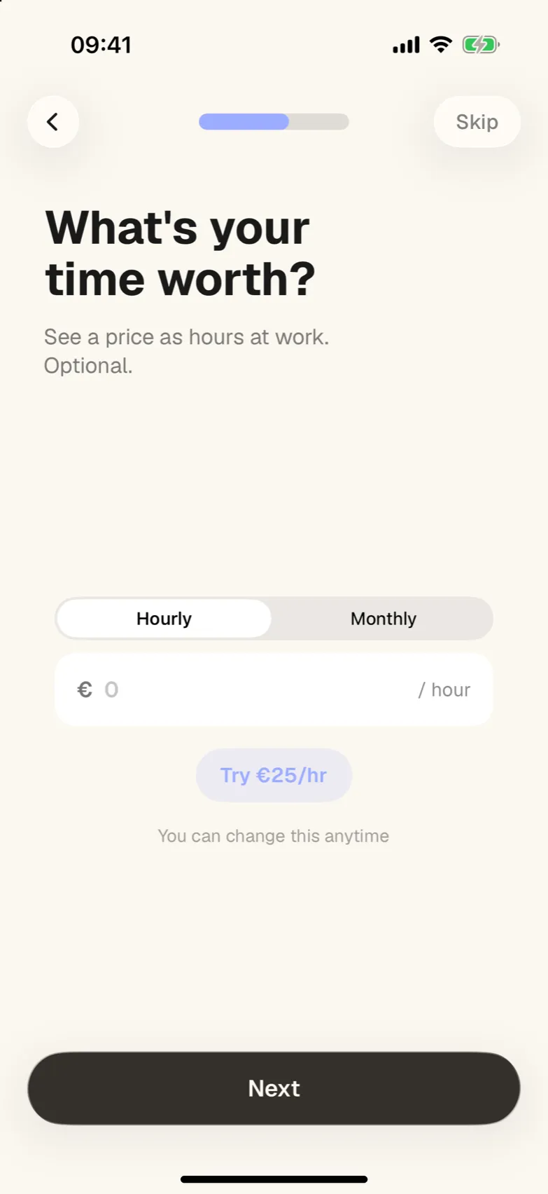 Onboarding: set what an hour of your time is worth