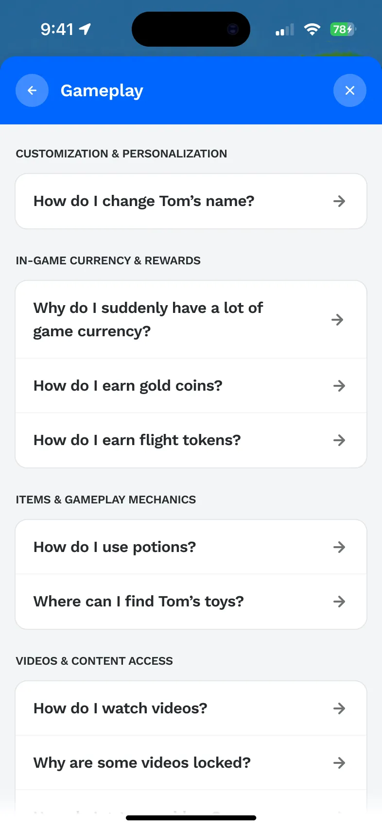Gameplay topic with questions grouped by area