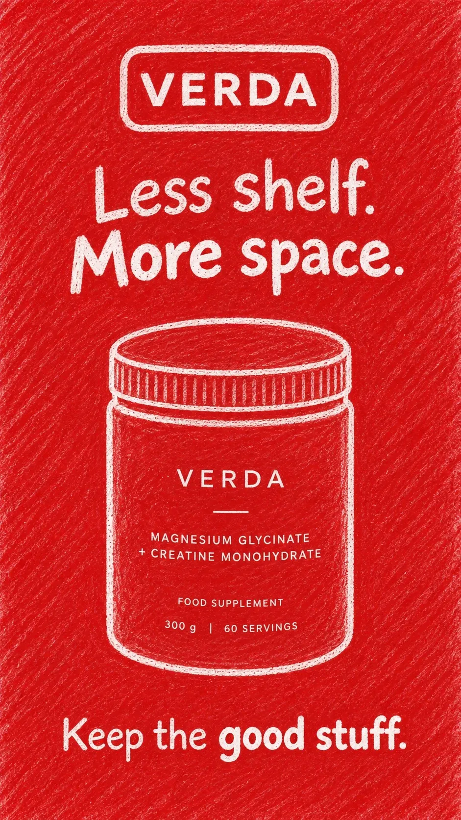 Verda on red: less shelf, more space